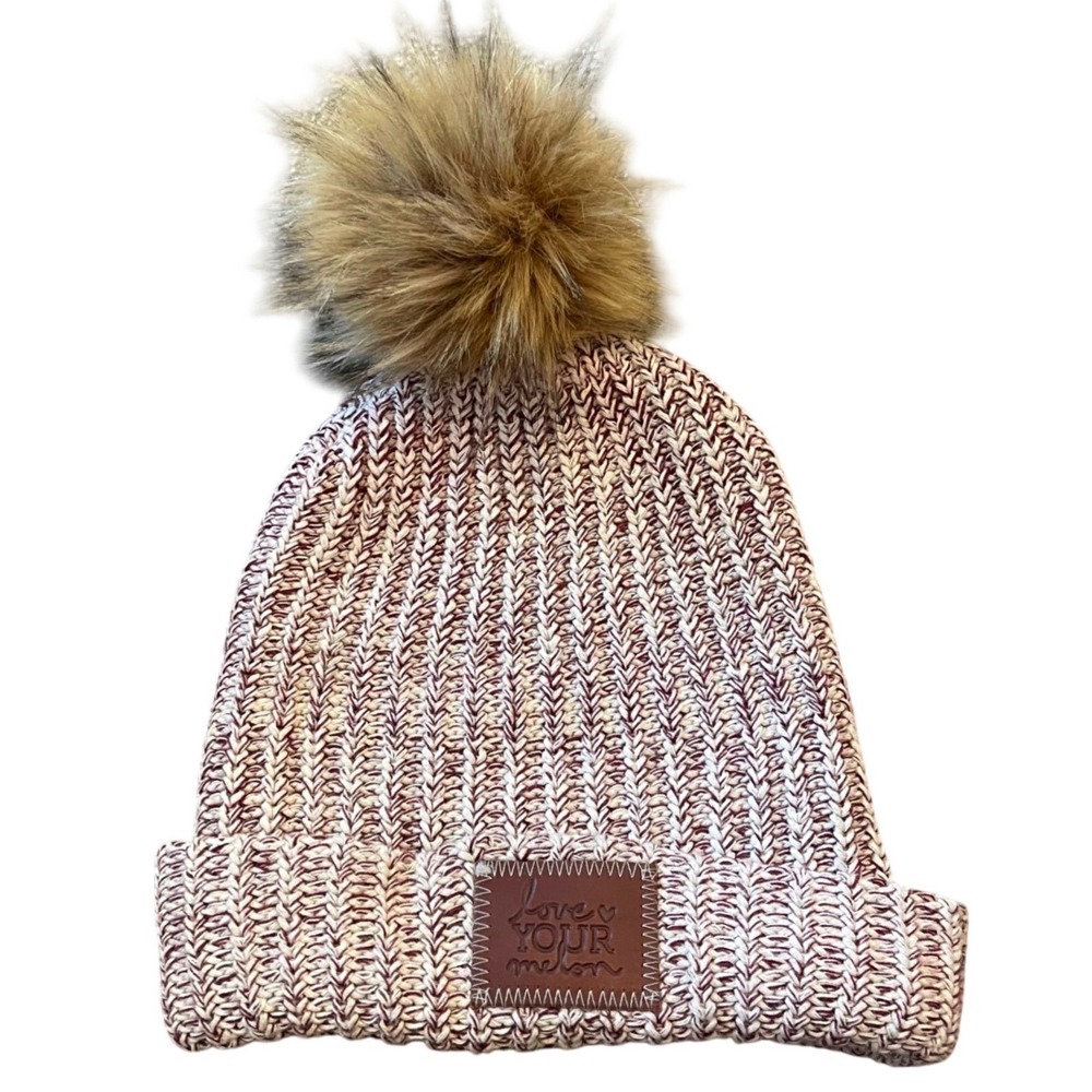 LOVE YOUR MELON Red Cuffed Pom Pom Cotton OVERSIZED Beanie Hat Leather Patch